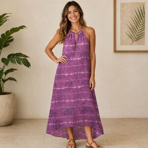 Mlle Gabrielle Purple/Pink Tie-Dye High-Low Halter Dress Gold Neck Accent Size M